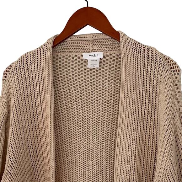 Kate Hill Tan/Neutral Cotton Open Knit Open Front Long Cardigan Cuffed Sleeve 3X - Picture 3 of 10